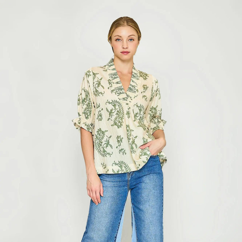 Willow Vine Ruffle Trim Blouse - Green Mix