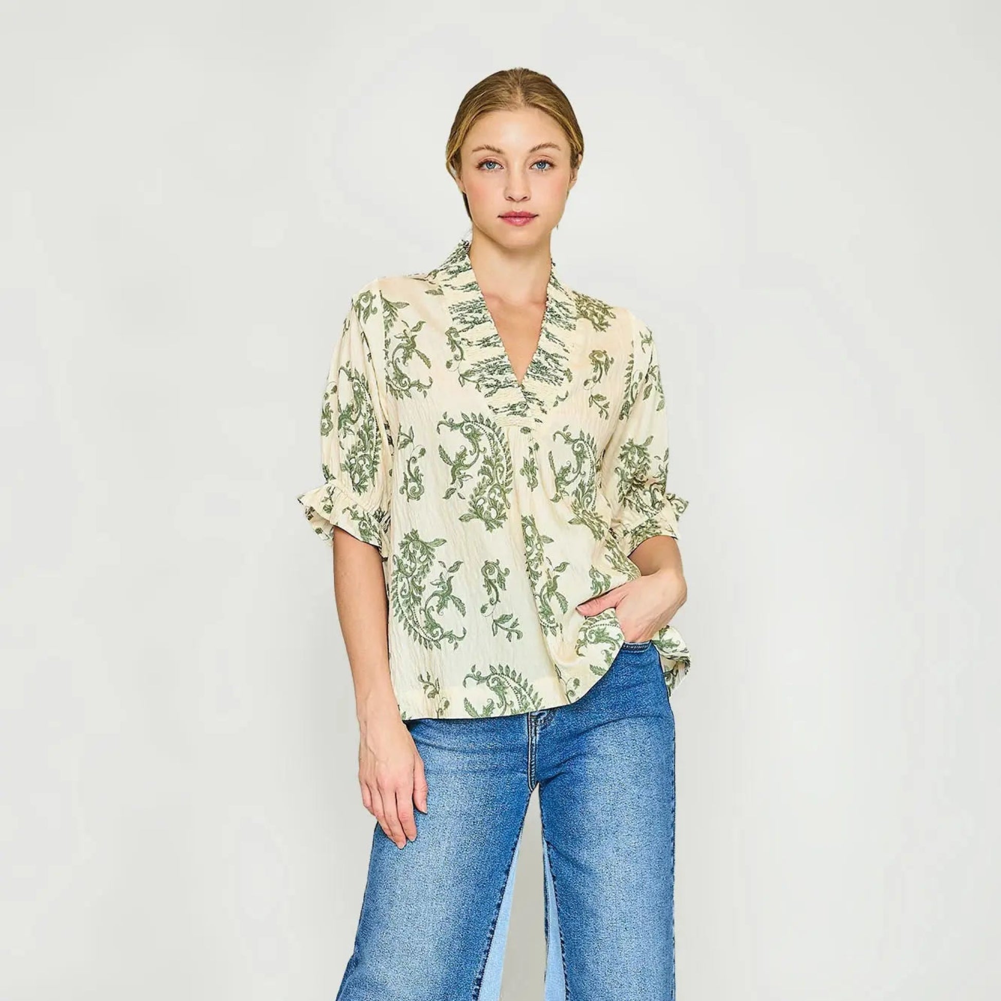 Willow Vine Ruffle Trim Blouse - Green Mix