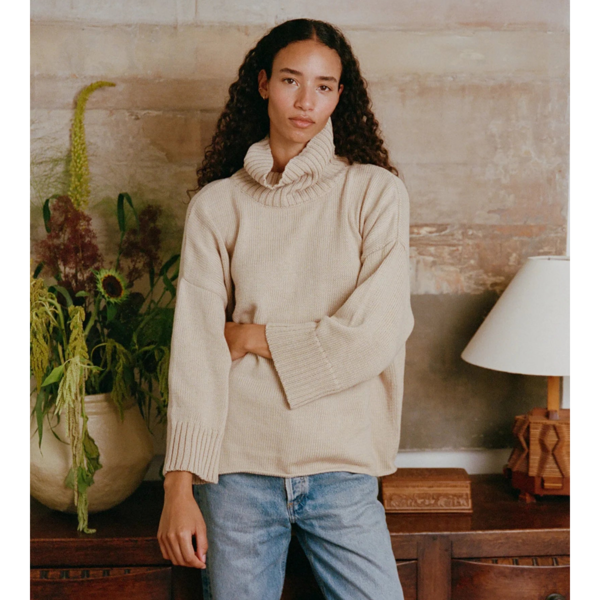 Lennon Cotton T Neck Sweater - Oat