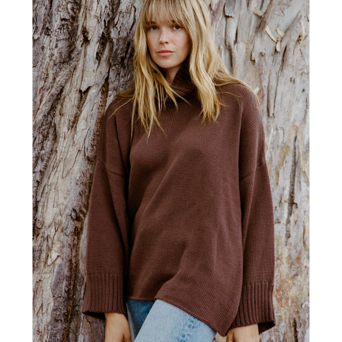 Lennon Cotton T Neck Sweater - Chocolate