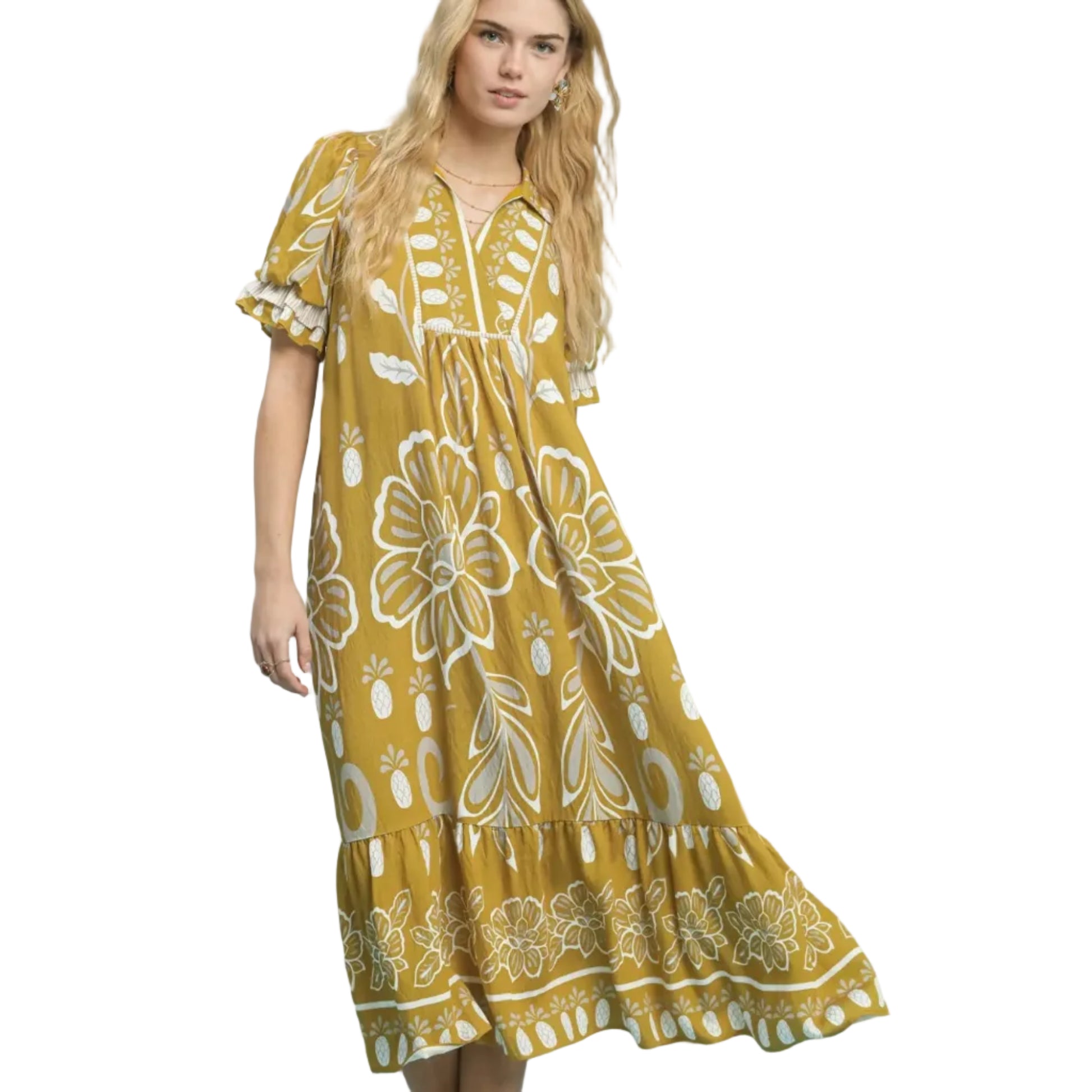 Floral Border Print Tiered Midi Dress - Honey