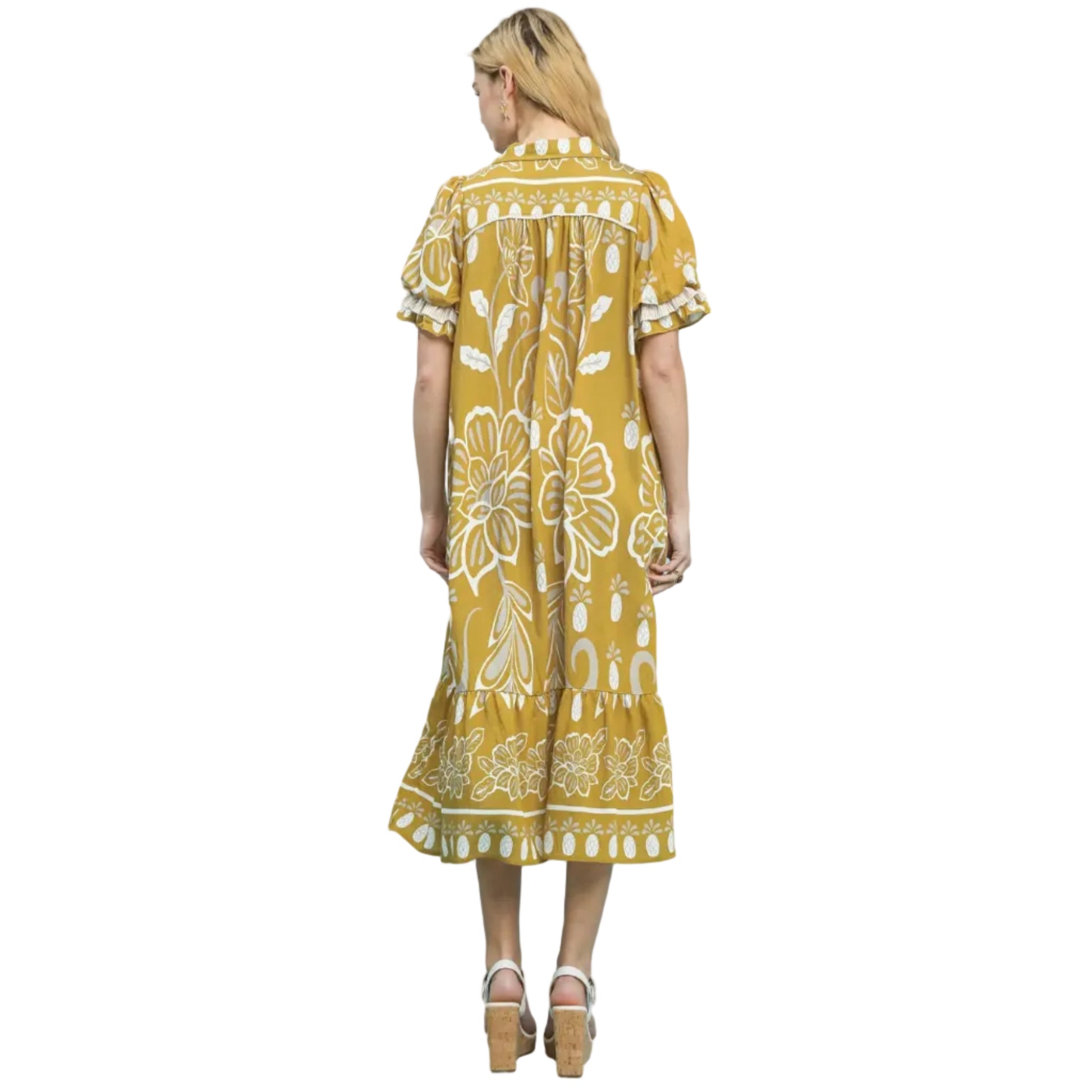 Floral Border Print Tiered Midi Dress - Honey