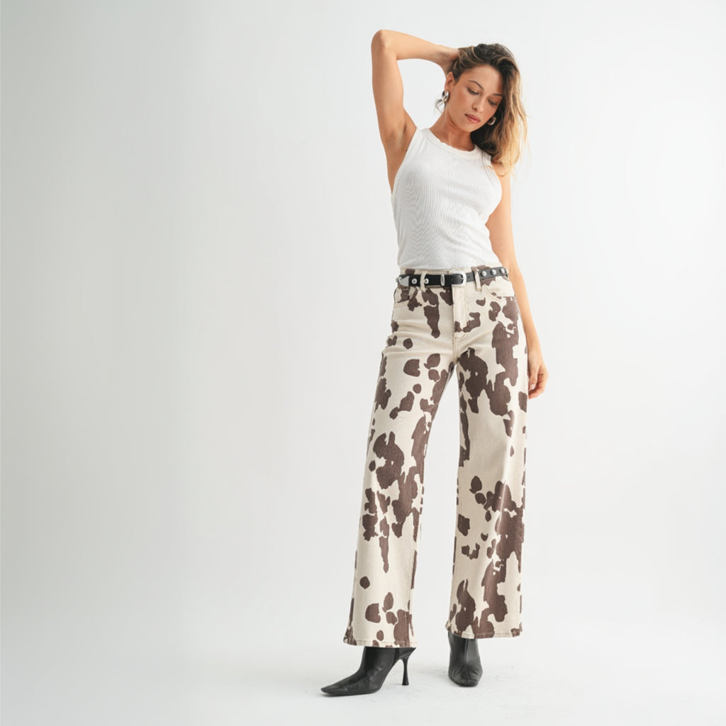 Cow Print Wide Leg Pants