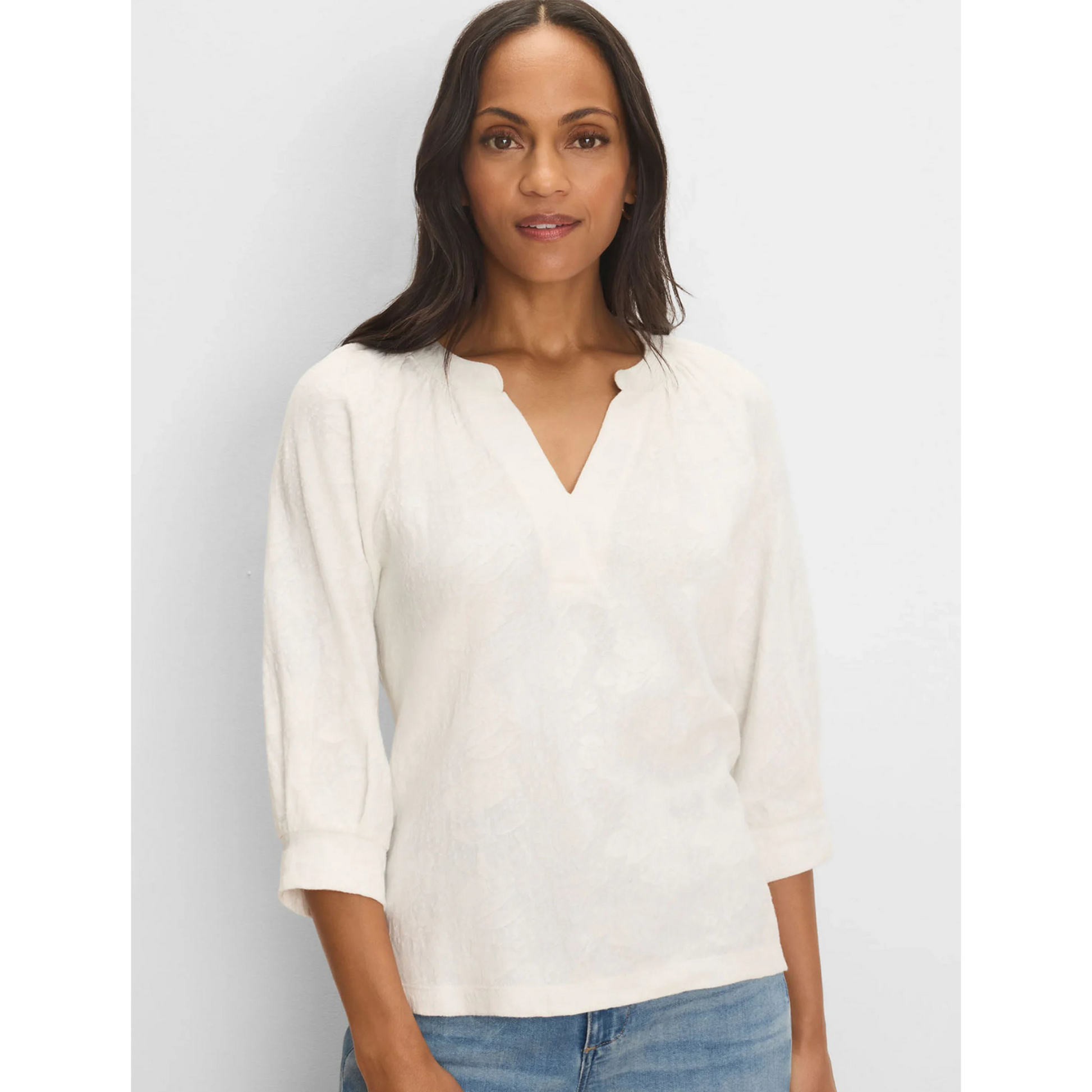 Lace Knit Split Neck Top - Paper White