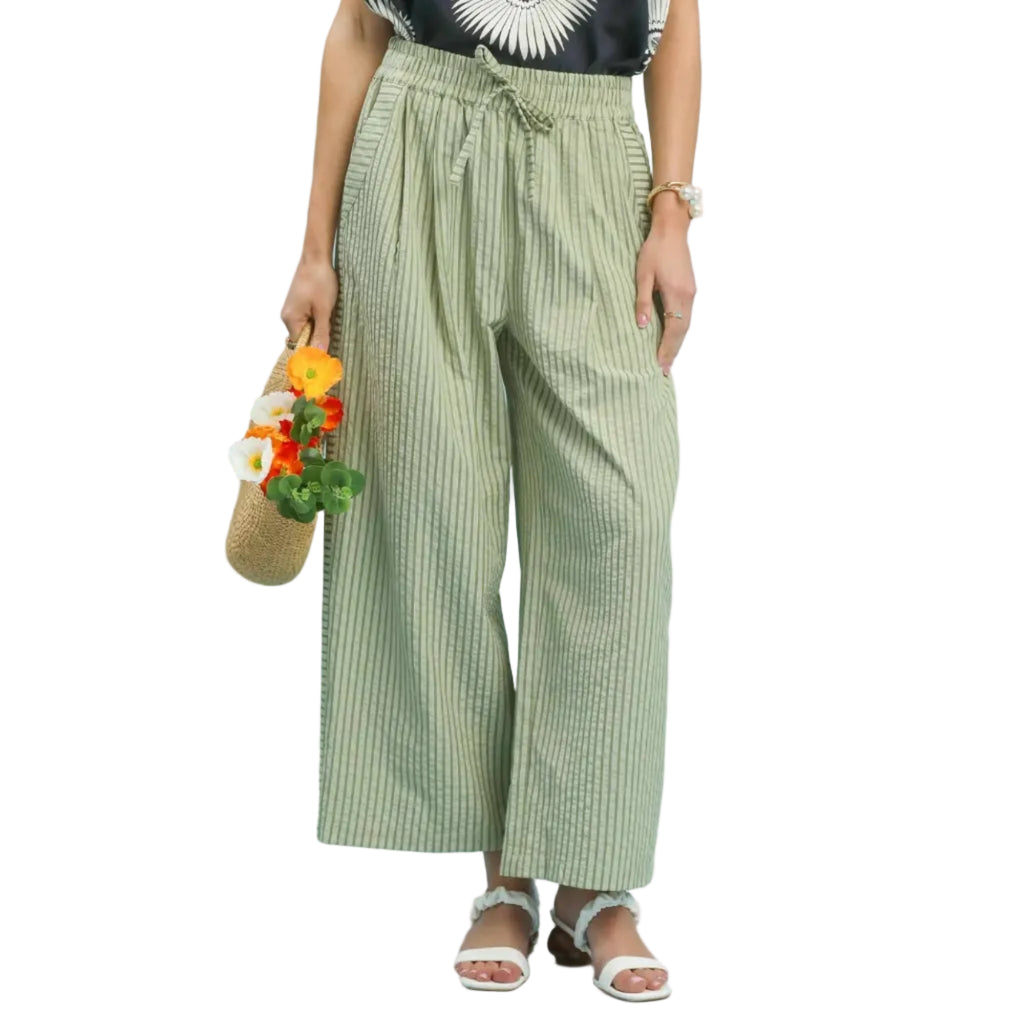 Striped Wide-Leg Pants - Olive
