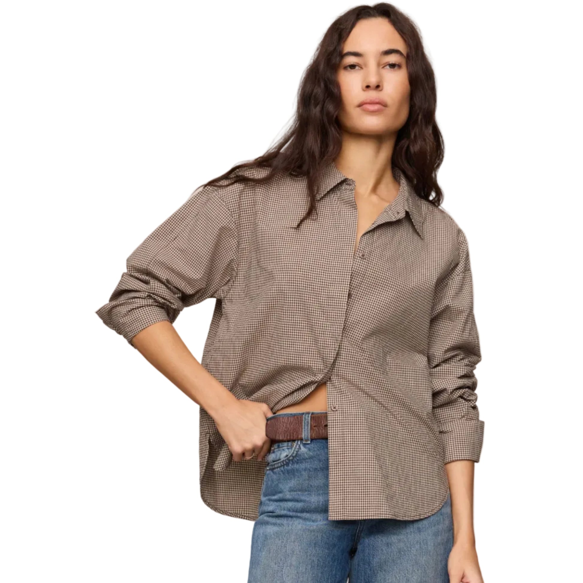 On Duty Gingham Button Up Top - Chocolate