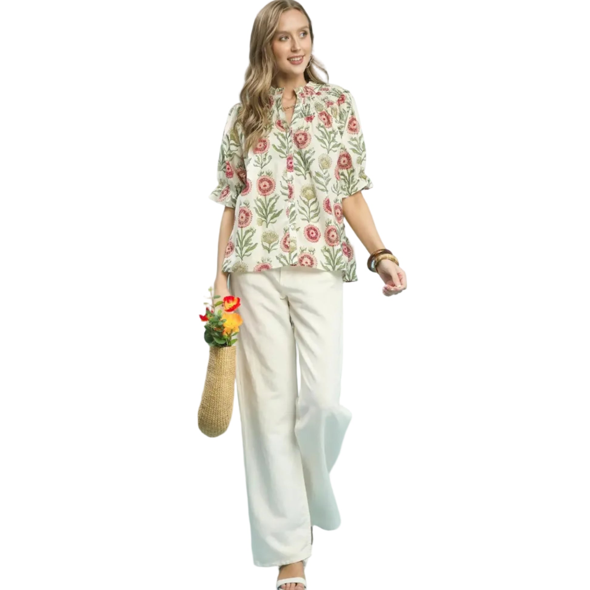 Floral Button-Front Short Sleeve Top - Red
