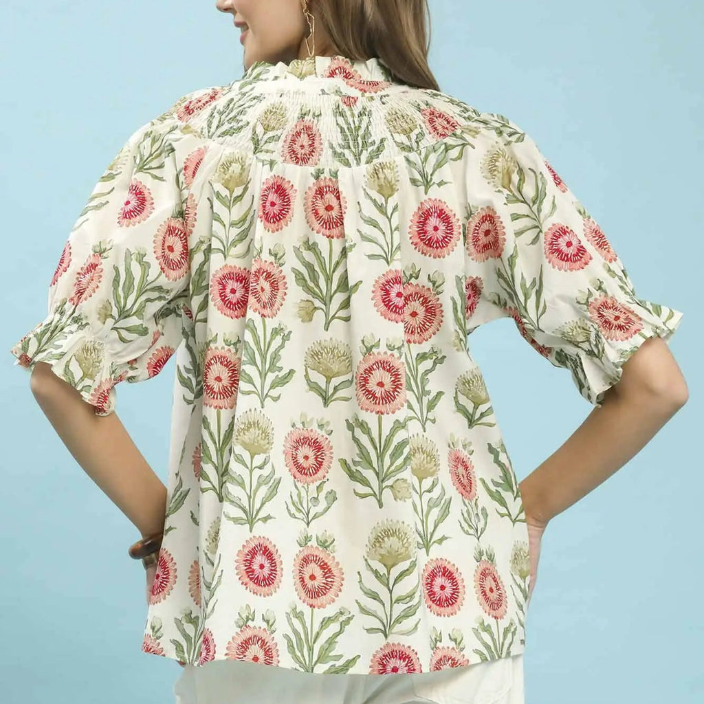 Floral Button-Front Short Sleeve Top - Red
