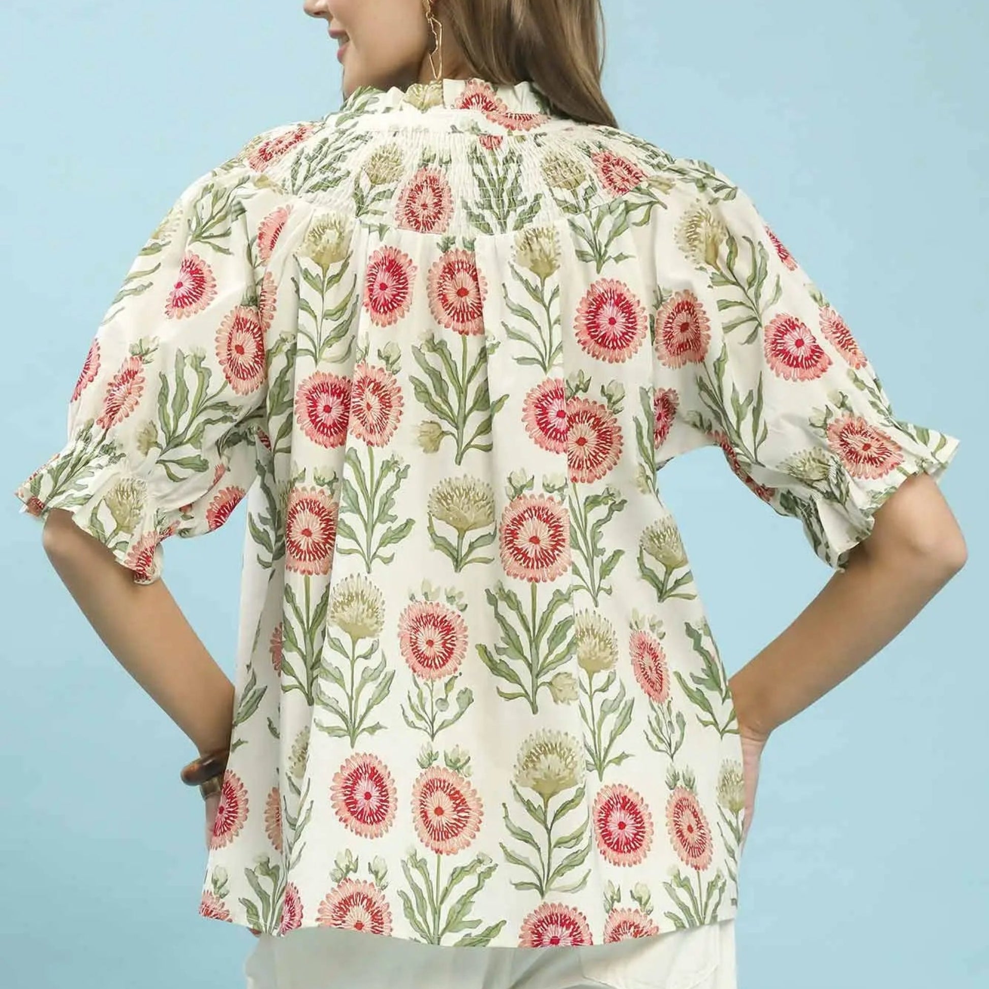 Floral Button-Front Short Sleeve Top - Red