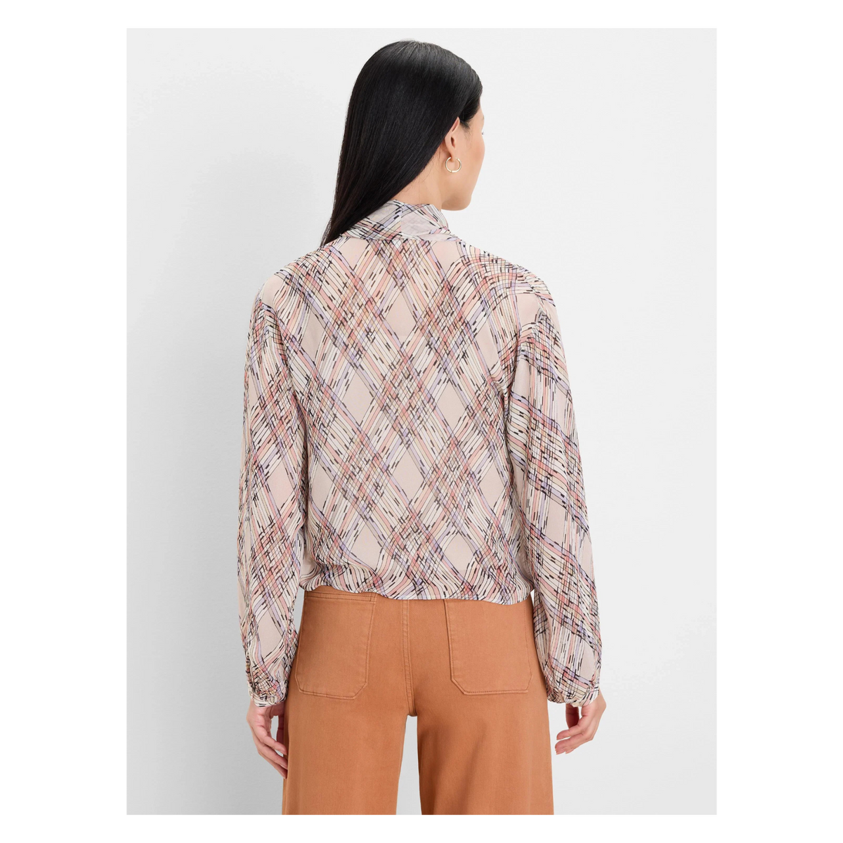 Painted Plaid Tie Neck Blouse - Neutral