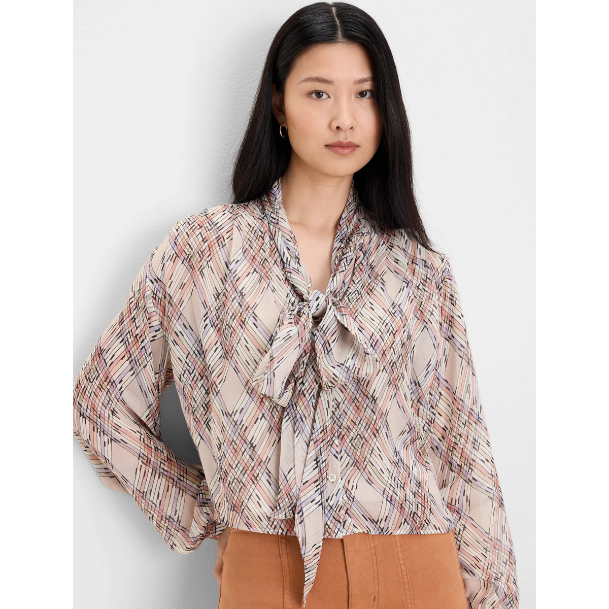 Painted Plaid Tie Neck Blouse - Neutral
