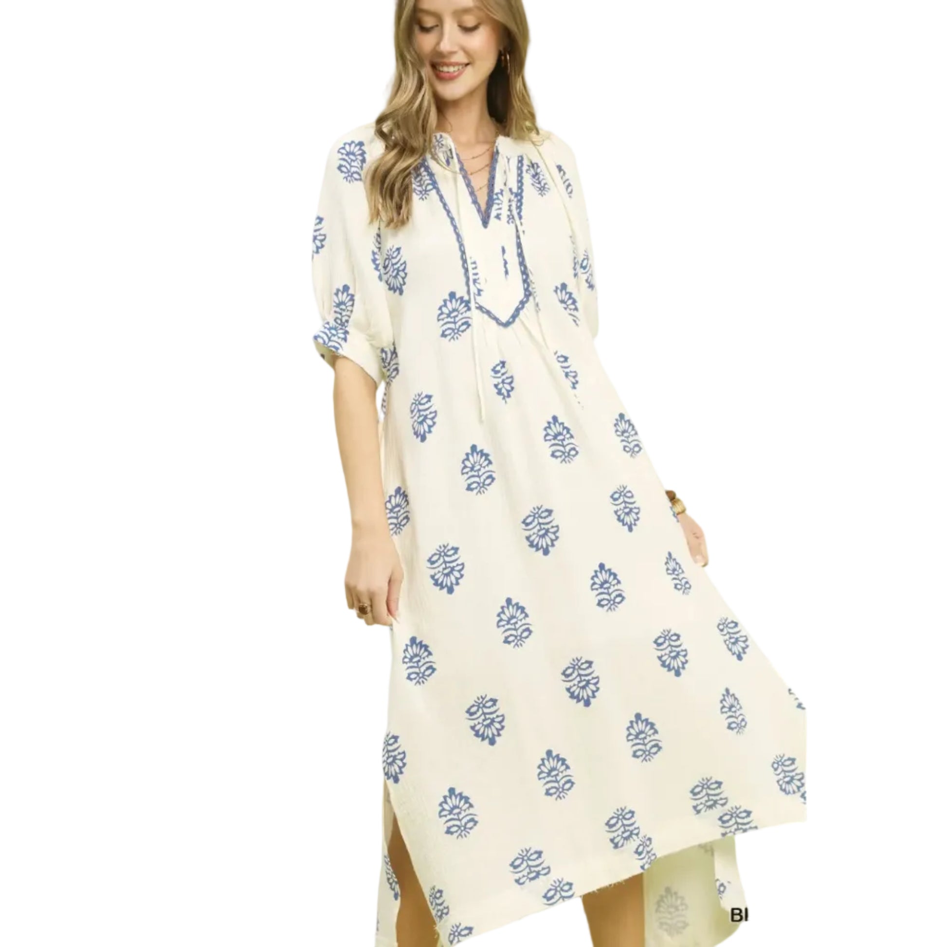 Printed Cotton Gauze Midi Dress - Blue