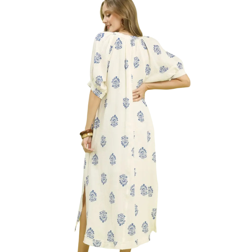 Printed Cotton Gauze Midi Dress - Blue
