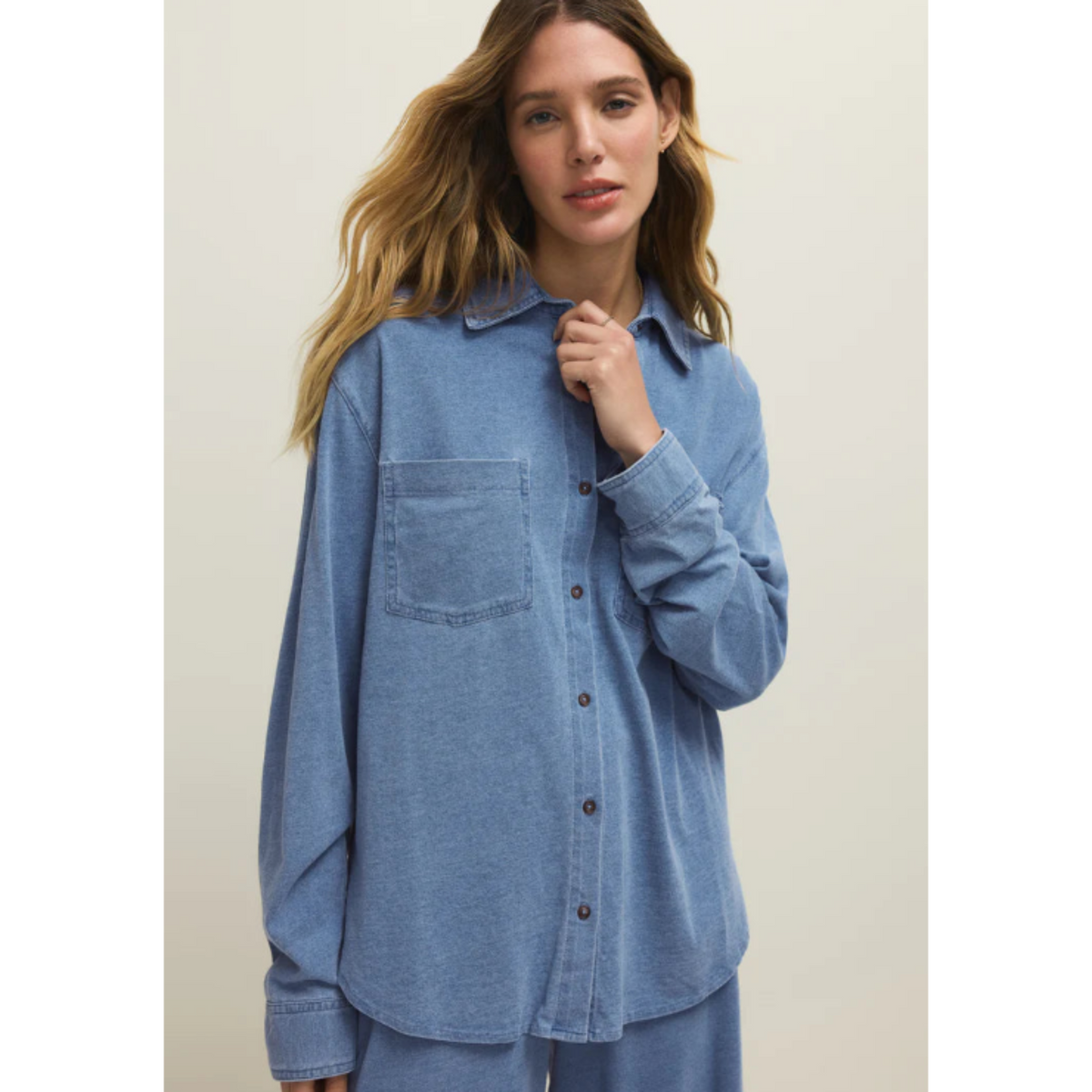 Reese Jersey Denim Button Up Santorini