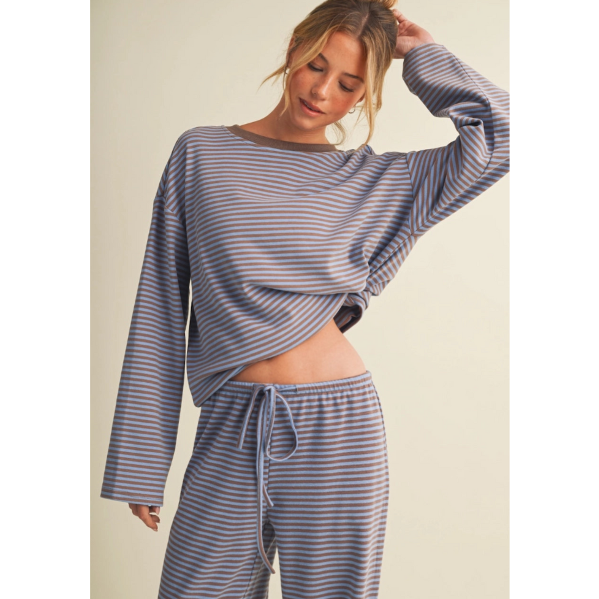 Long Sleeve Stripe Pullover - Blue Taupe
