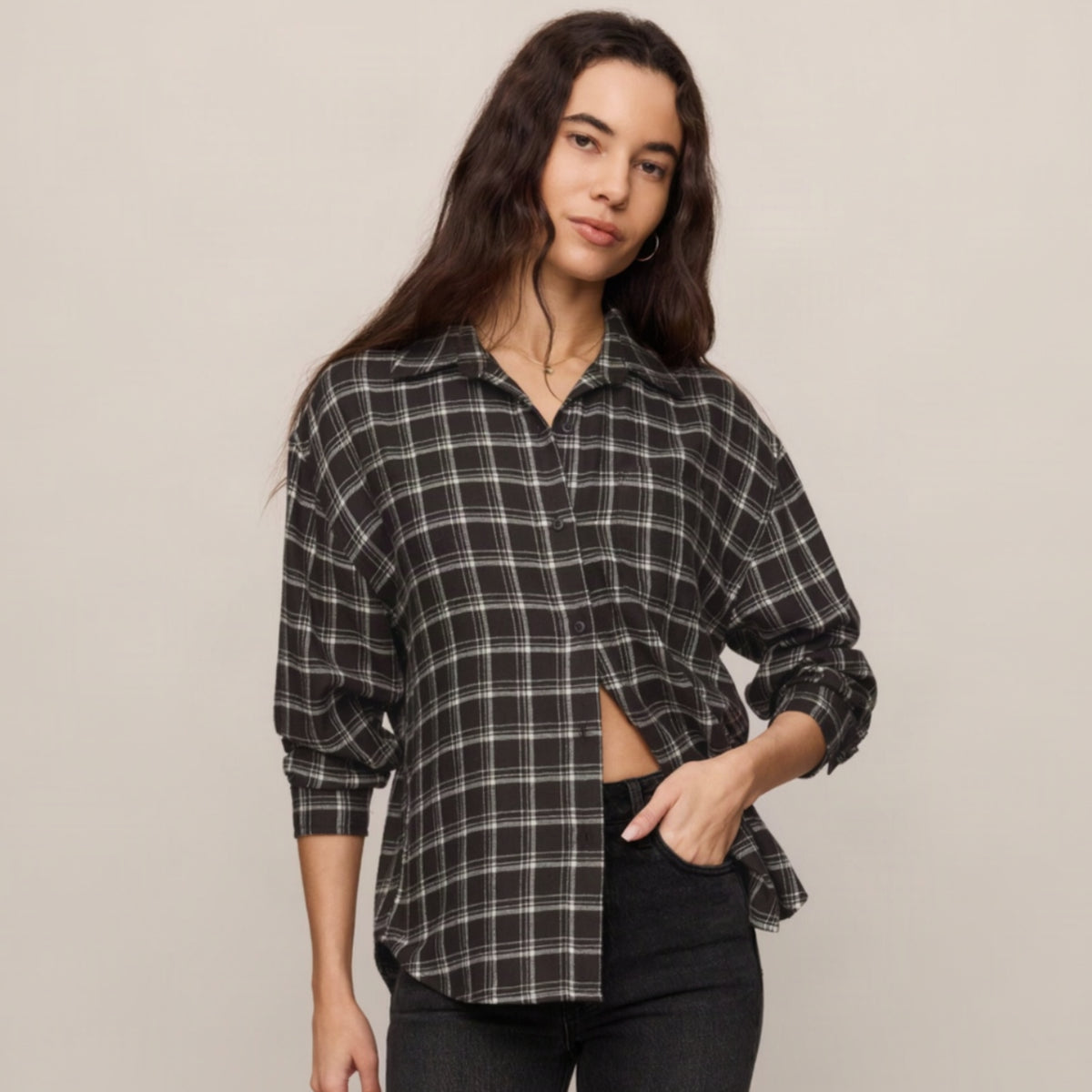 River Plaid Button Up - Ash Black