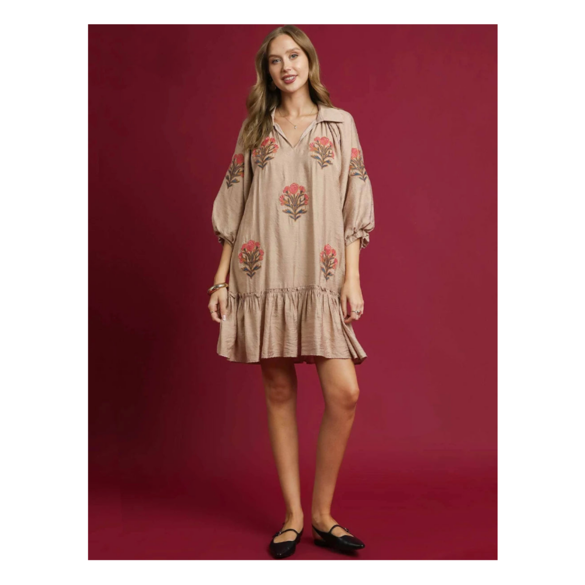 Embroidered Floral Boho Ruffle Hem Dress - Latte