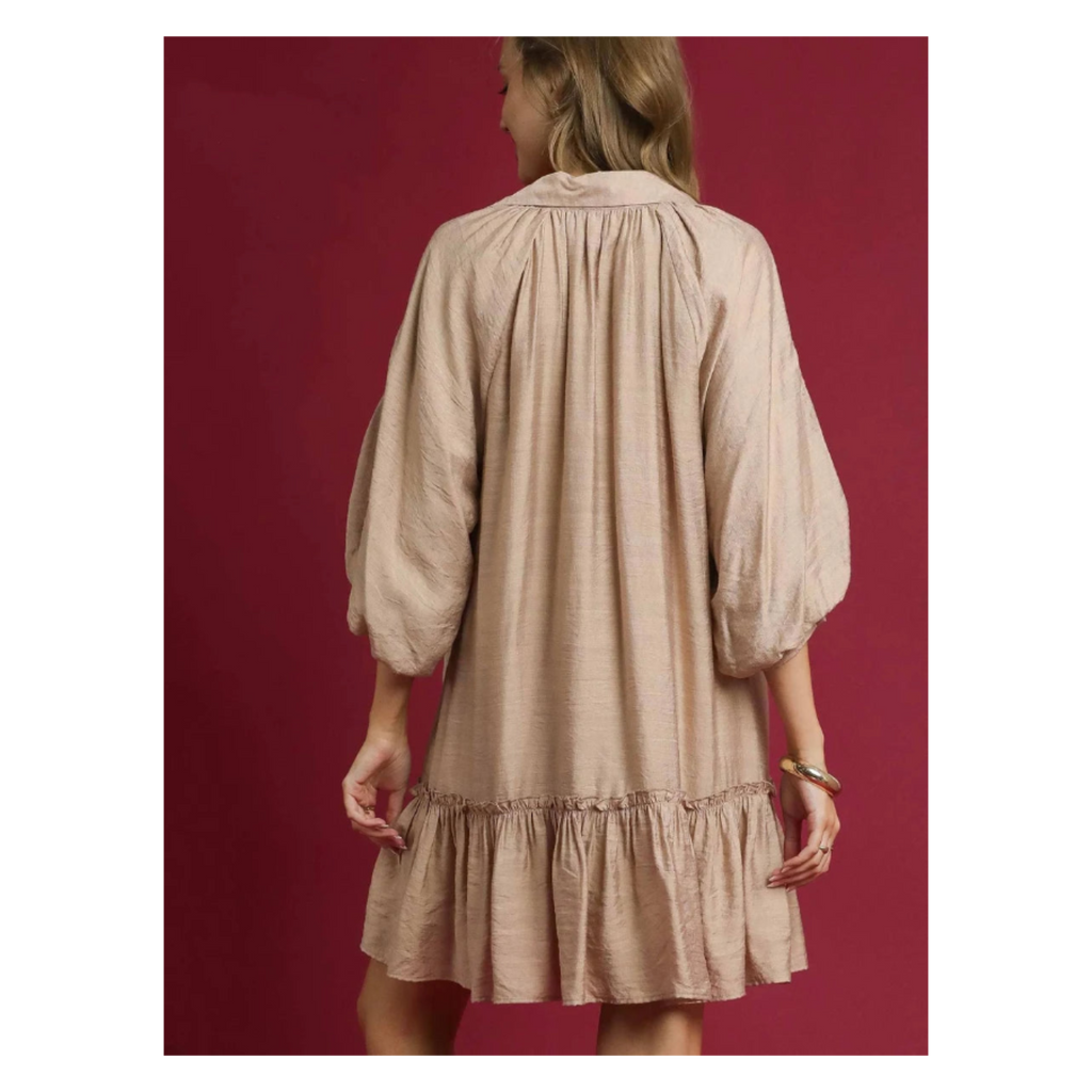 Embroidered Floral Boho Ruffle Hem Dress - Latte