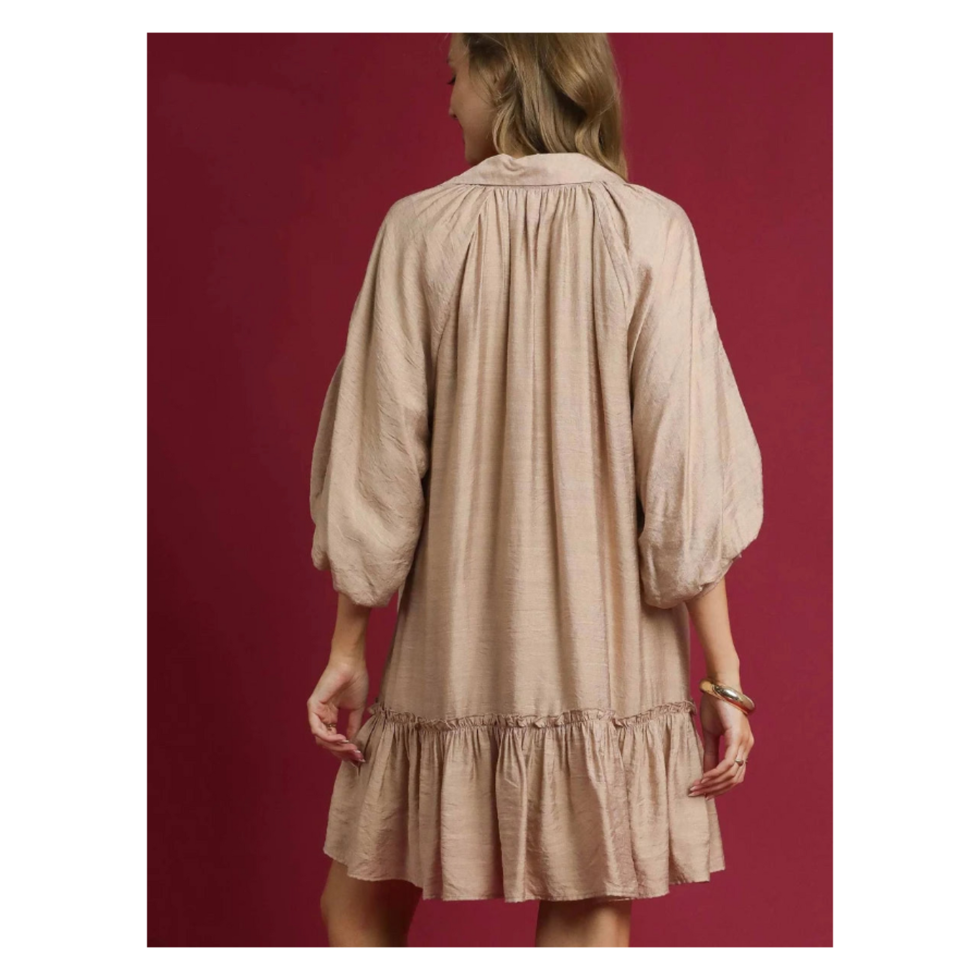 Embroidered Floral Boho Ruffle Hem Dress - Latte